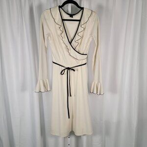 Express Faux Wrap Dress Ivory with Black trim Knee Length Long Sleeved Size 5/6